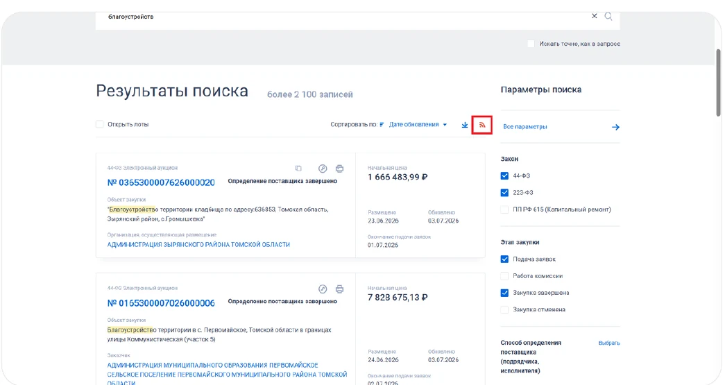 Значок RSS над результатами поиска ЕИС